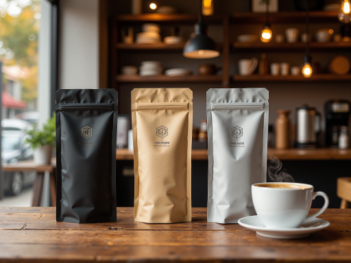 冰川星穹咖啡包装盒展示,时尚的黑色包装设计,金色标识,背景为现代办公桌