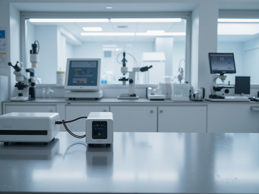 咖啡实验室场景,现代化设备展示,技术人员正在操作精密仪器,背景为干净整洁的实验台